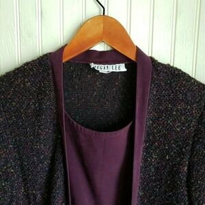 Megan Lee Cardigan Sweater Womens Medium Purple Boucle Scoop Neck Open Knit